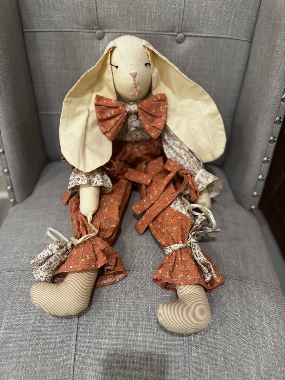 Handmade Cream & Rust Fabric Bunny Doll